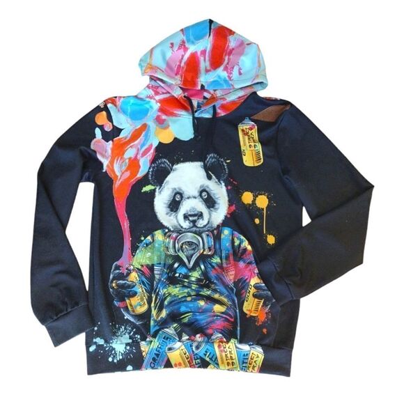 Black Colorful Panda Graffiti Double Print Unisex Hoodie Sweatshirt Mens Med - Picture 1 of 12